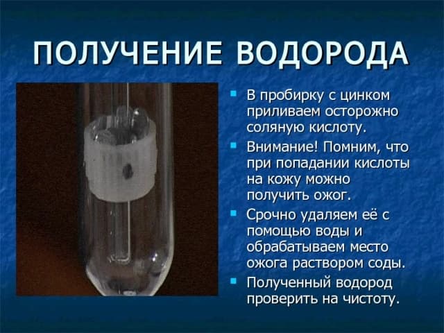Иллюстрация опыта получения водорода в пробирке.